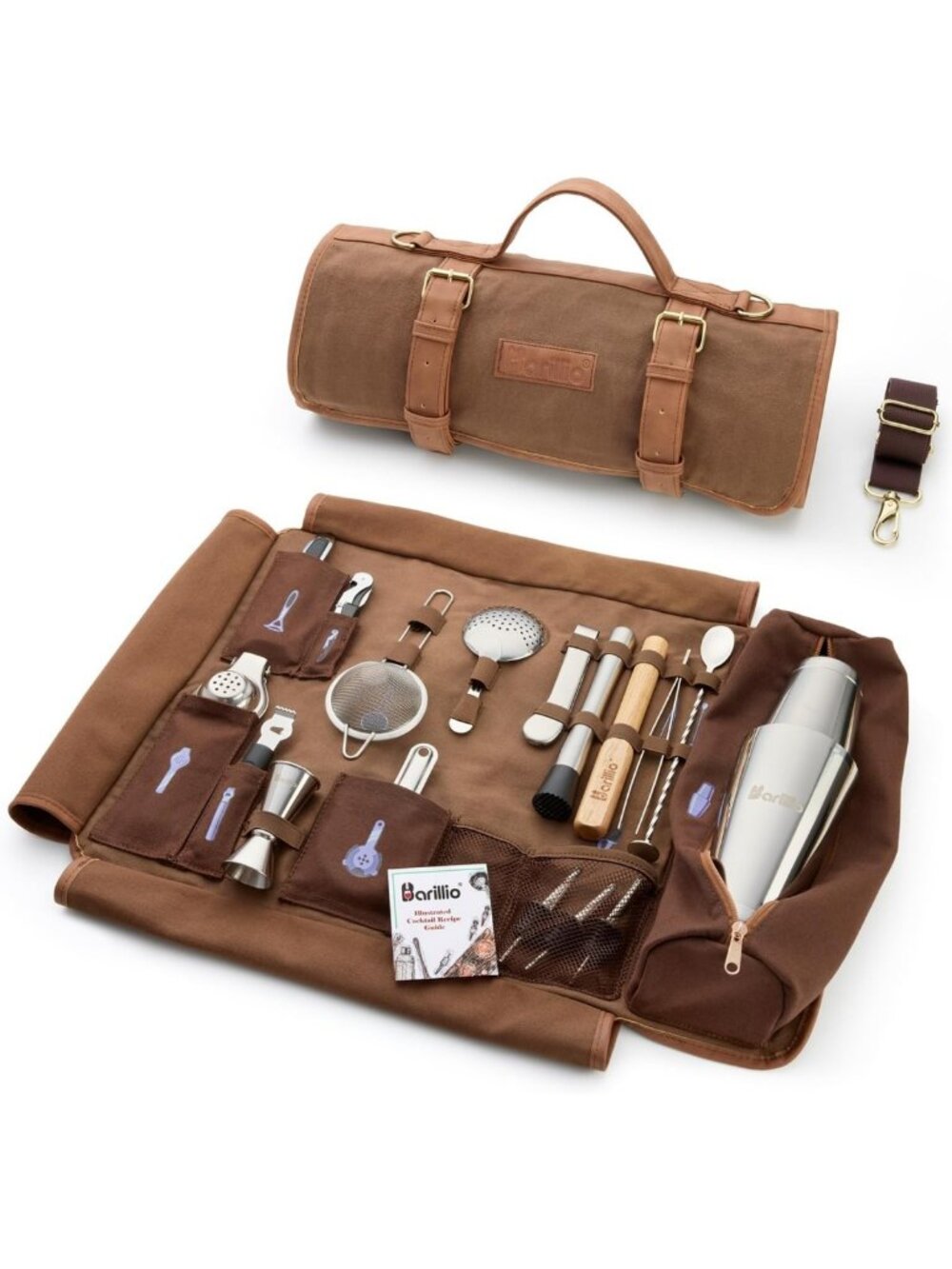 Travel Cocktail Shaker Set & 17-Pc Mixology Kit - Waxed Canvas Bartender Bag